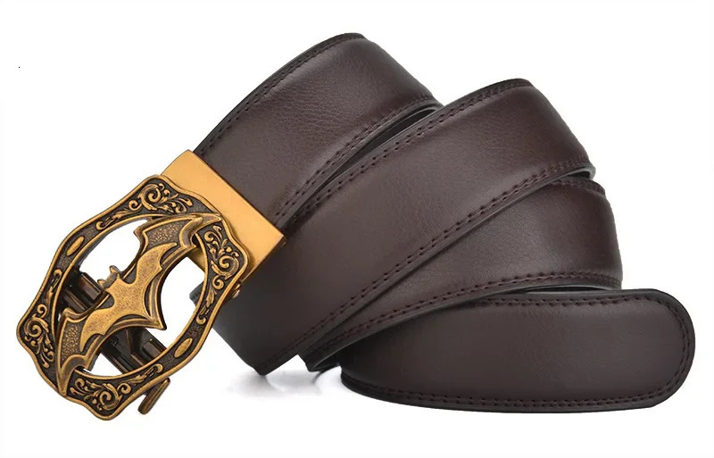 Retro Bat Silver Gold Mens Automatic Buckle Leather Plus Size Large 130 140 160 170cm Brown Black Belt 250107