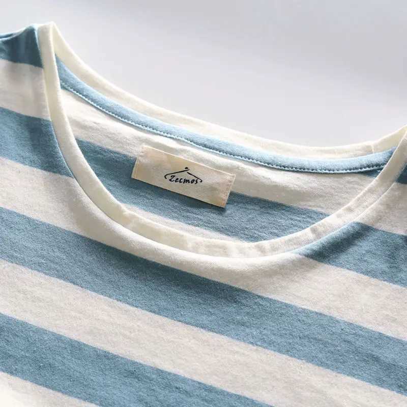 High Quality ZeCMOS new mens striped T-shirt fashionable O-neck short sleeved slim fit blue striped mens T-shirt T250108