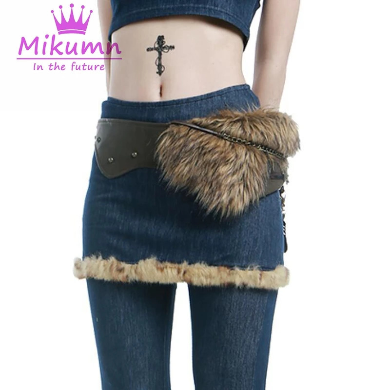 Y2K Harajuku Retro Western Cow Punk Furry Fur PU Chain Irregular Waist Belt Streetwear 250107