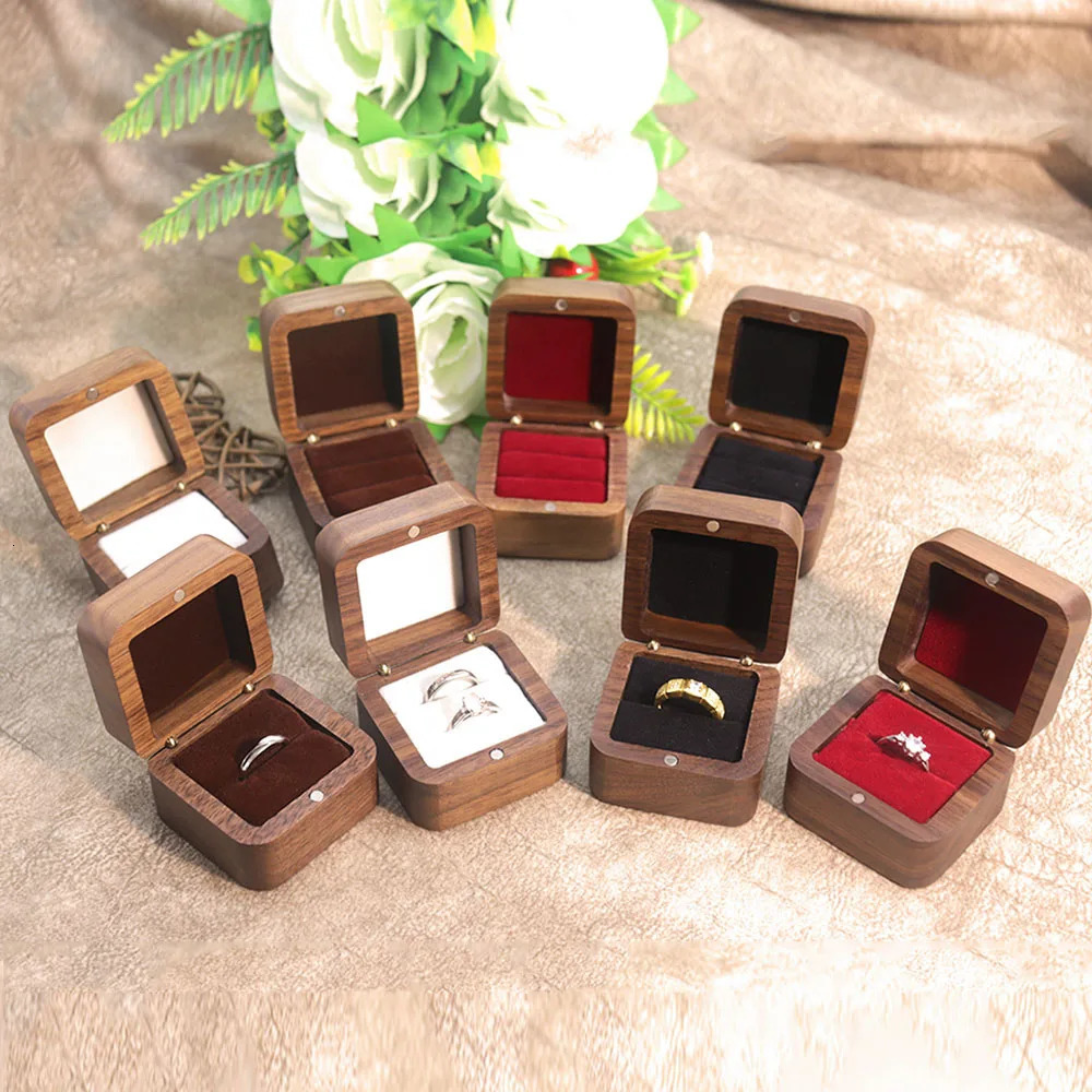 5.5cm Square Engagement Ring Box Black Walnut Wedding Diamond Ring Jewelry Gift 250106