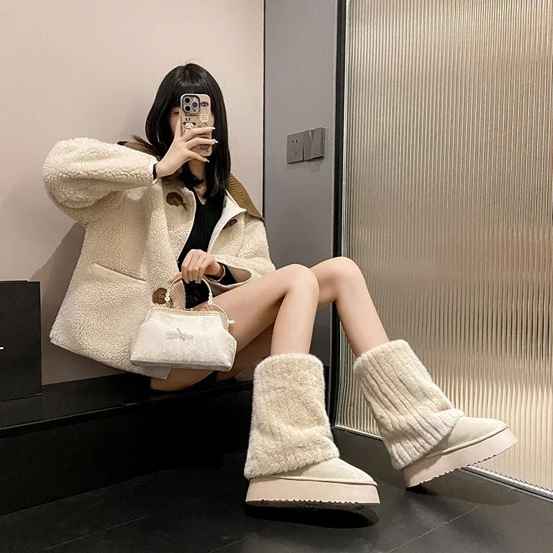 Winter Snow Boots Womens Thick Sole Fur Integrated Short Boots with Plush and Thickened Anti Slip and Warm Cotton Shoes 250106