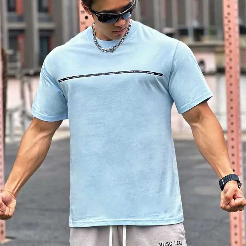 Summer New Loose Sky Blue Mens T-shirt Cotton Round Neck Short Sleeve Street Top Casual Mens Wear M250108
