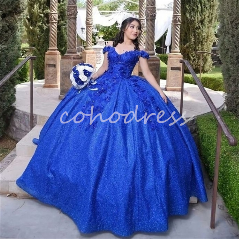Sparkly Royal Blue Quinceanera Dresses 2025 Off Shoulders 3D Florals Vestidos De 15 Anos Debutante Sixteen Birthday Party Ball Gown Prom Dress Vestido
