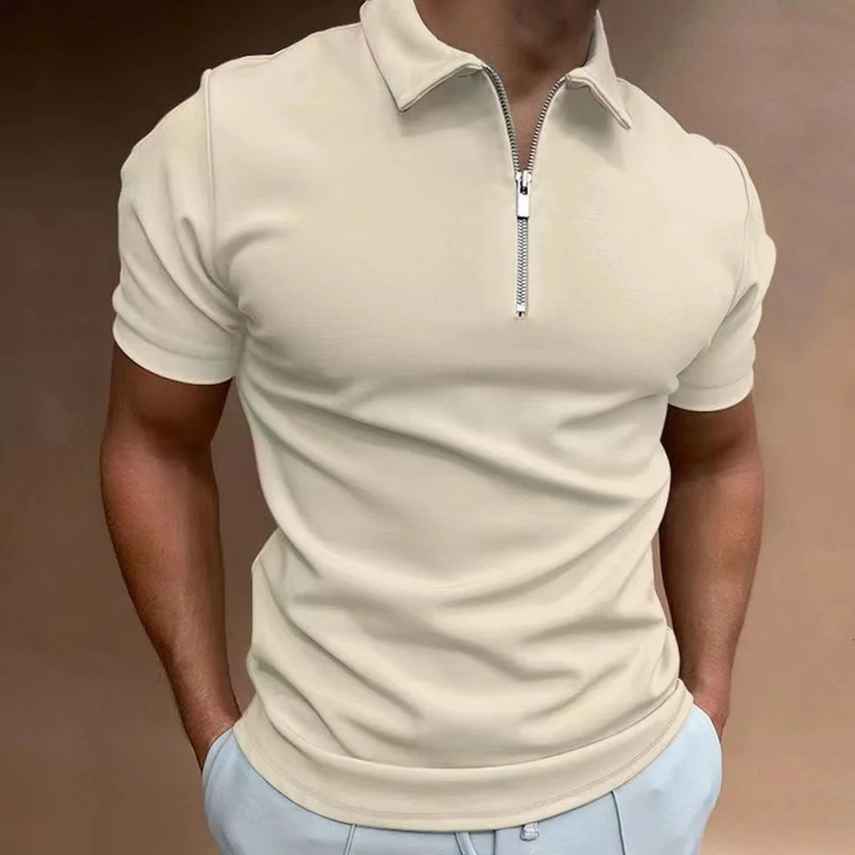 Mens solid color Polo shirt Short sleeve zip collar T-shirt Mens summer high quality street Harajuku clothing mens casual top 250107