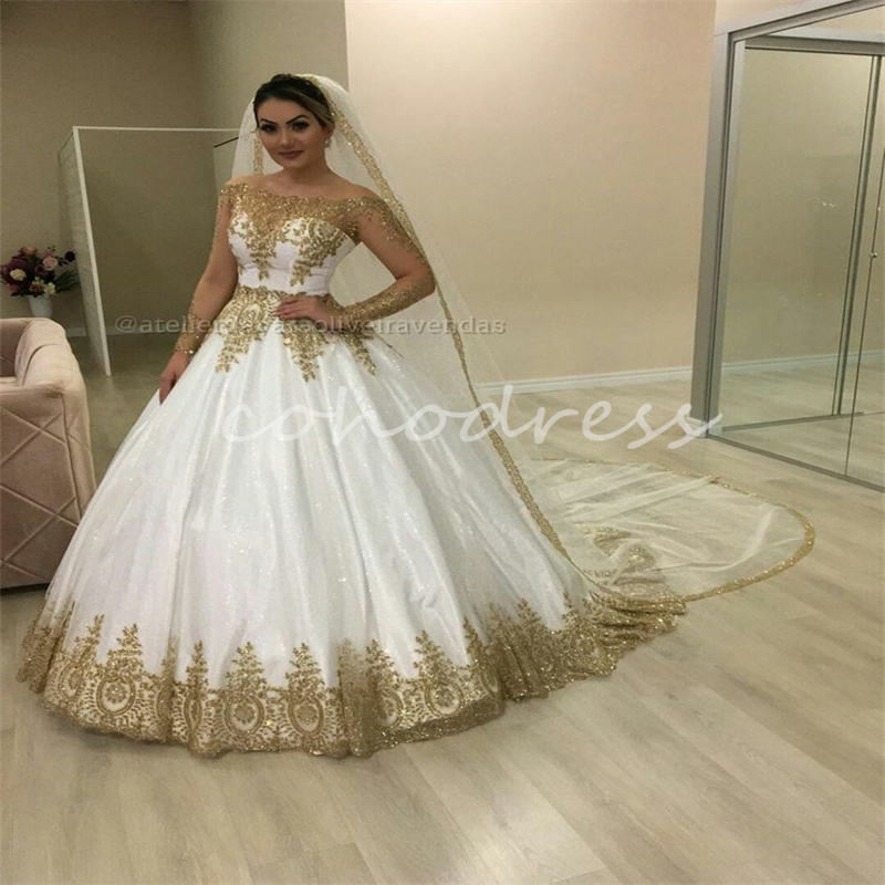 Luxury Gold And White Wedding Dress Gothic Appliques Lace Arabic Dubai Church Vestidos De Novia Boda Civil Plus Size Bride Dress 2025 Robe De Mariee G