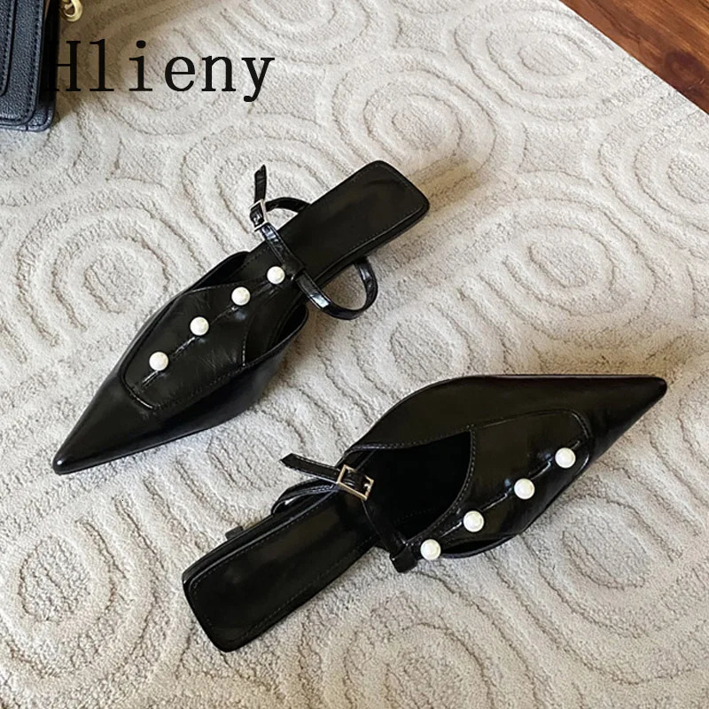 Hlieny Fashion Pearl Buckle Strap Pumps Women Mules Slipper Cozy Leather Pointed Toe Ladies Shoes er Low Thin Heels Slides 250107