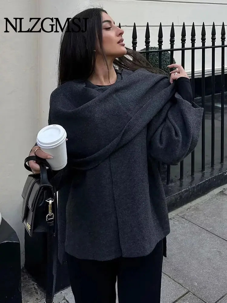 TRAF 2023 Winter Female Scarf Coat Long Sleeve Knitted Asymmetric Jackets For Women Streetwear Causal Coats 250103