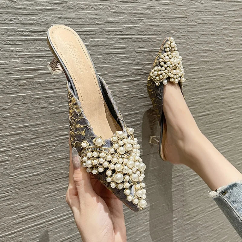 2024 Fashion Pointed Toe Pearl Slippers Pumps Office Dress Elegance Summer Slingback High-heeled Shoes for Women 250107