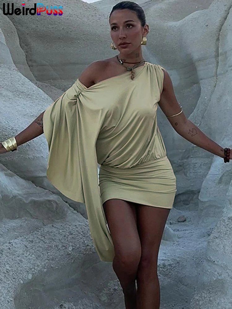 Weird Puss Irregular Dress Women Slanted Shoulders Sleeveless Backless Irregular Stretch Summer Trend Skinny Streetwear Bodycon 250107