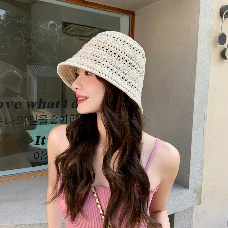 2024 Summer Hollow Knitted Sun Protection and Sunshade Hat for Womens Leisure Versatile Small Fresh Fashion Pot Hat 250107