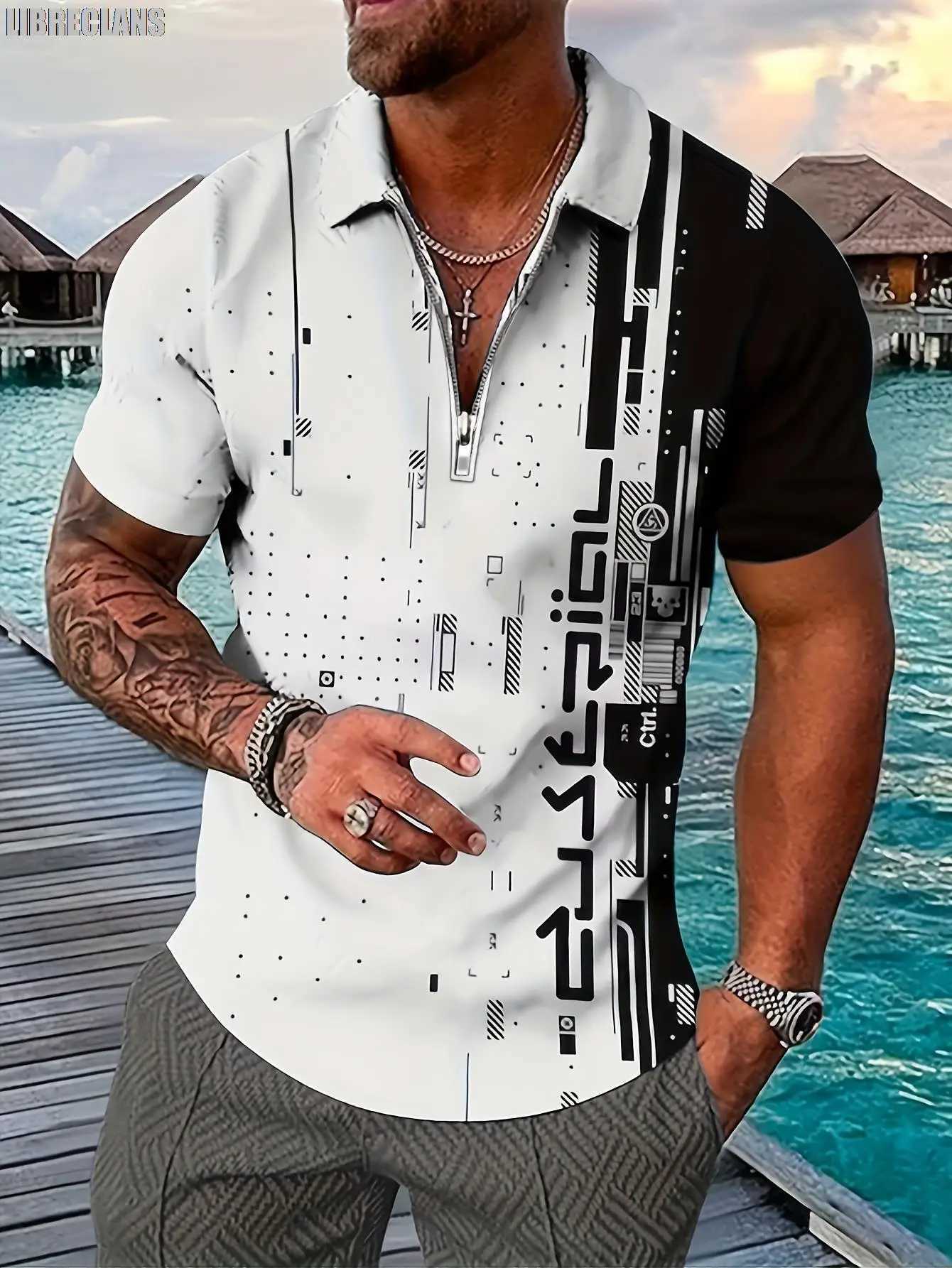 Black Striped Vintage Retro 3D Printed Mens Zipper Polo Shirt Summer Fashion New Mens Short-Sleeved Tops Slim SportswearXJ250108