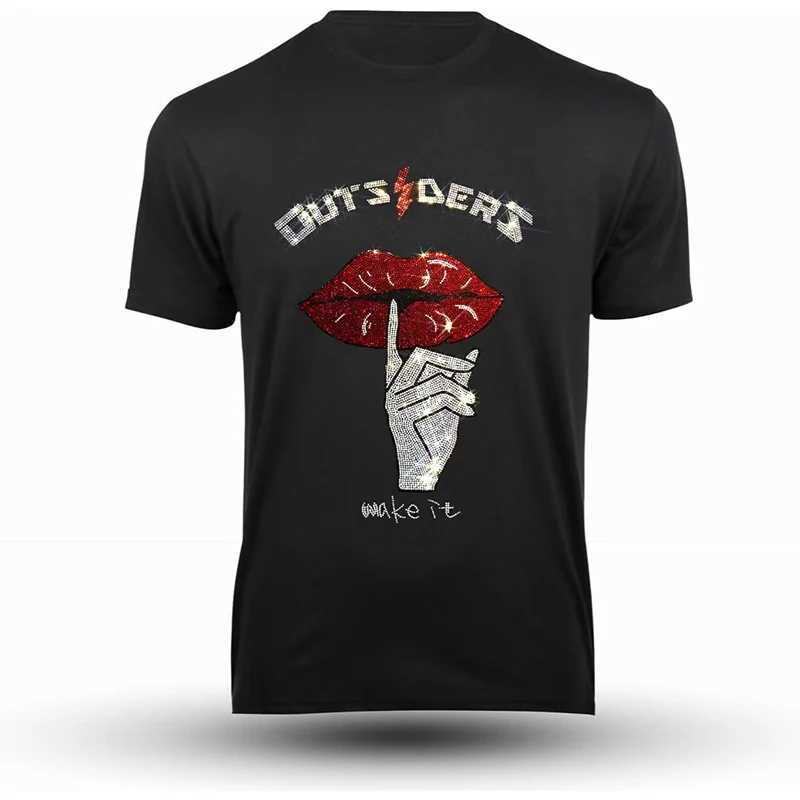 Fashionable mens high-quality T-shirt autumn casual street short sleeved clothing T-shirt top O-neck red lip rhinestone designer T-shirt Y2k M250108