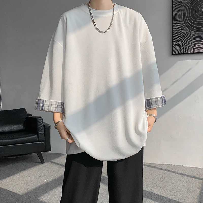 High Quality 8XL-M Spring/Summer Mens Ice Silk T-shirt Womens Extra Large Grid T-shirt Korean Casual Seven Sleeve Mens T-shirt T250108