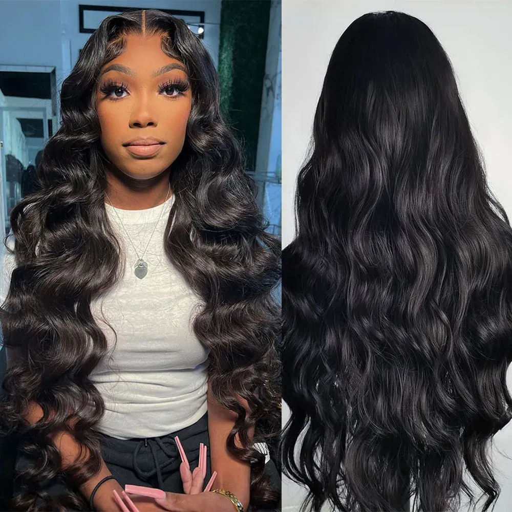 200 Density Black Water Wave 13*4 Lace Front Synthetic Wig 36Inch Long Natural Curly glueless preplucked Wigs Look Like Human Hair