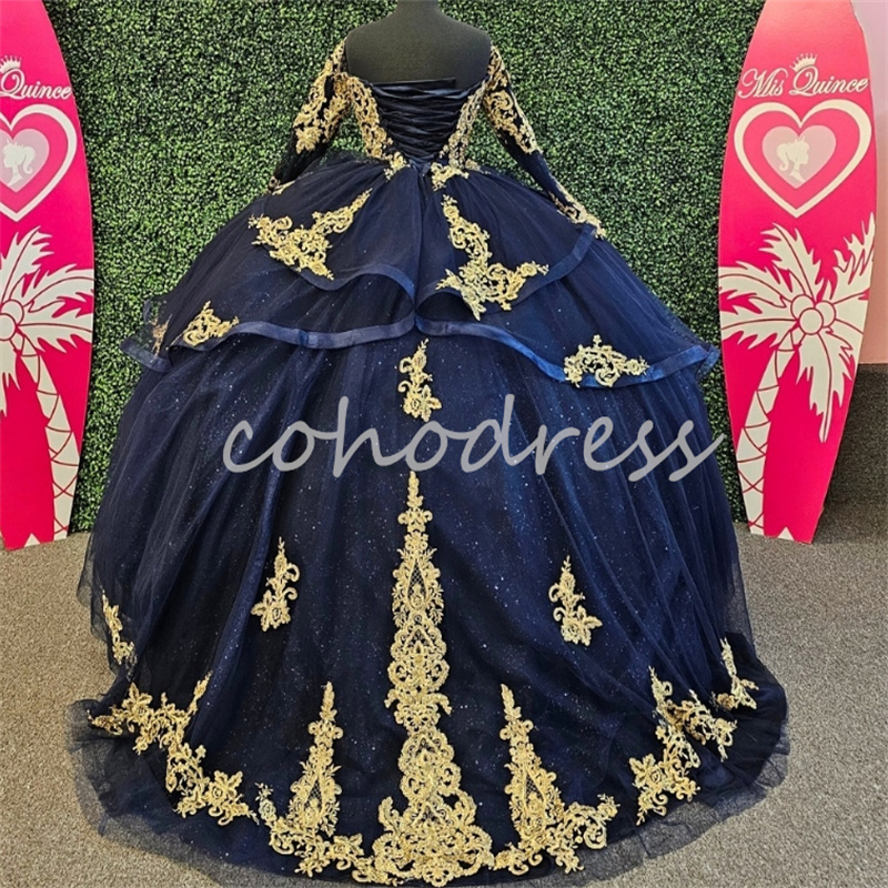 Princess Navy Blue Quinceanera Dress With Gold Appliques Off Shouders Fluffy Vestidos De 15 Quinceanera Xv Para Long Sleeve Sweet 16 Birthday Party Pr