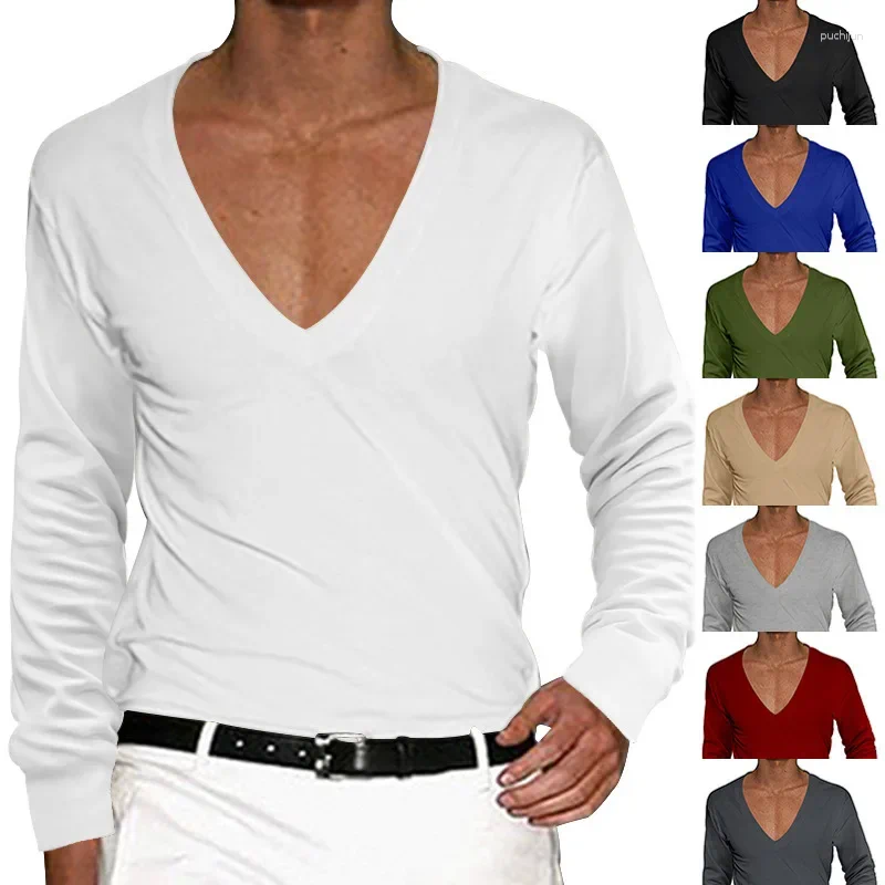 Men's T Shirts 2025 T-Shirt Summer Low Cut Deep V Neck Comfortable Shirt Tops Long Sleeve Casual Pullover Sexy Slim Fit Tees