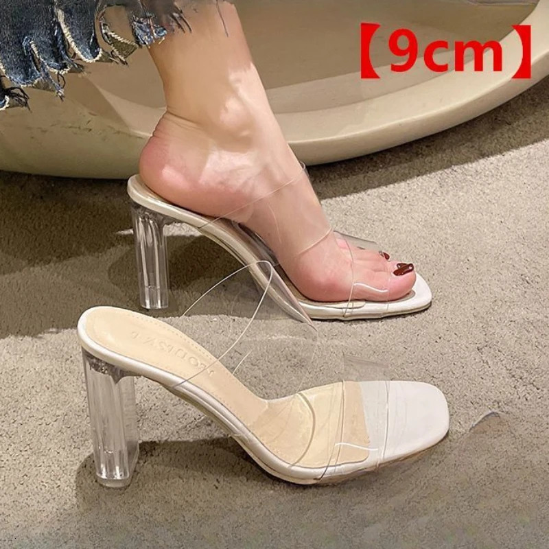 2024 Summer Transparent SandalsWomens Medium Heel Thick with Water3.5cm~9cm High Heels A Line with Slippers Womens Shoes 250107