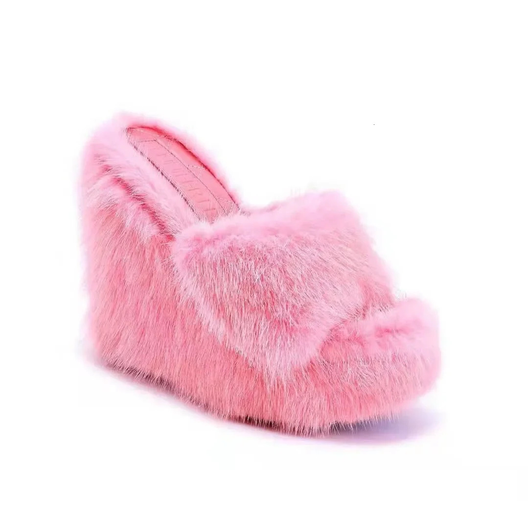 women feminine high-heeled fur drag outdoor all-match shoes slippers round head wedges with mink fur slippers 250107
