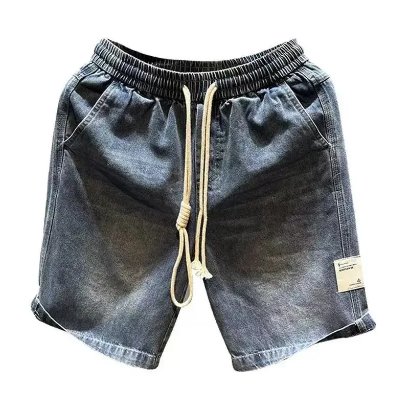 Male Denim Shorts Wide Drawstring Graphic Loose Mens Short Jeans Pants Baggy Harajuku Thin Xl Korean Fashion in Cut Blue 250107