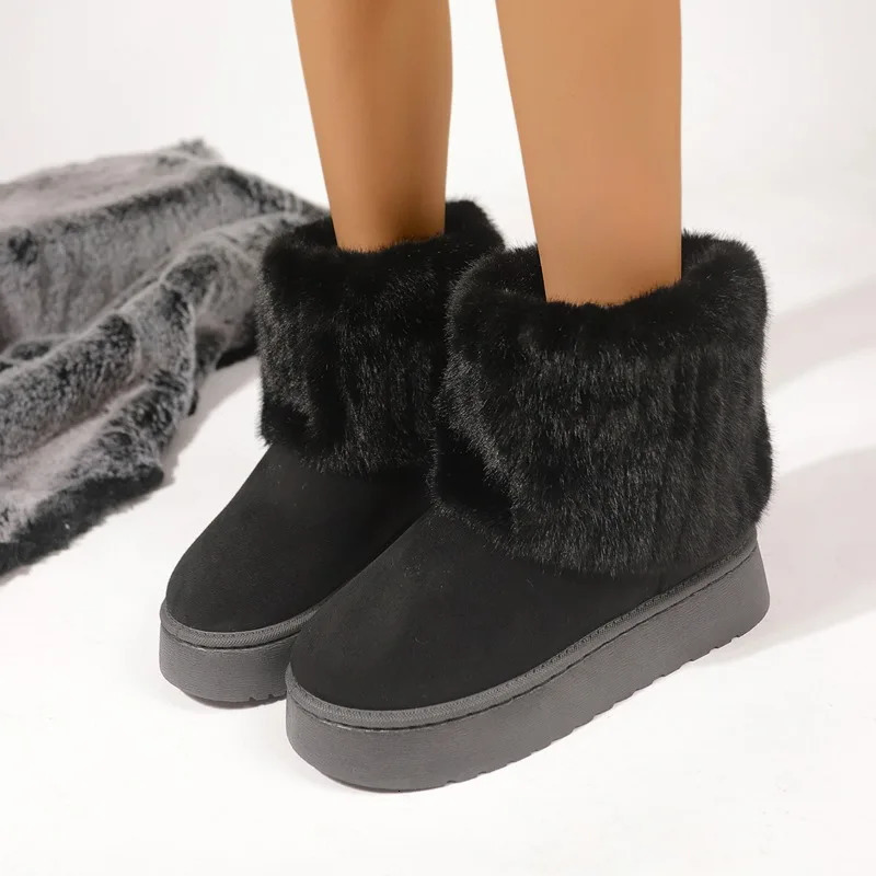 Shoes for Women Winter Slip on Womens Boots Black Round Toe Solid Flock Plush Warm Mid Heel Water Proof Casual Snow Boots Women 250106