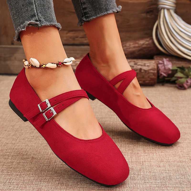 Double Buckle Red Ballet Flats Women 2025 Brand Designer Square Toe Mary Jane Shoes Woman Comfort Soft Sole Casual Walking ShoesC250108