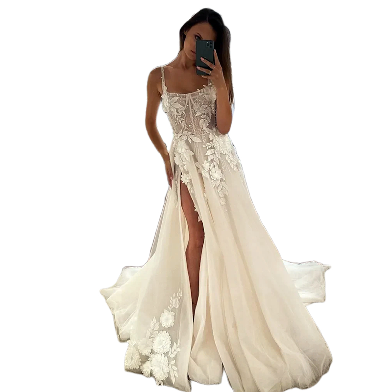 3D Floral Appliques Beach Wedding Dresses Side Split Long Spaghetti Straps Bridal Gowns Beaded Illusion Corset Boho Bride Dress Custom Made