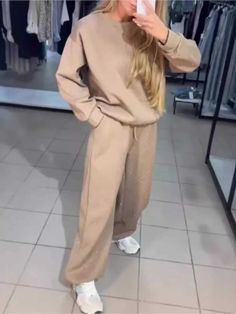 Fashion Rhine Shiny Sportswear O-neck Sweater Tie Trouser Tracksuit Trendy Sport 2 Peice Set Spring and Autumn W250108