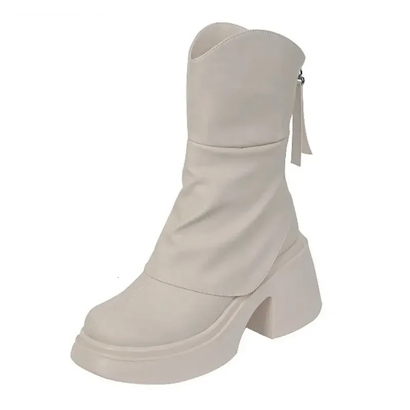 2024 Autumn Winter Women Shoes Leather Short Boots for Women Round Toe Chunky Heel Boots Zipper Ankle Boots Female Platform Heel 250103