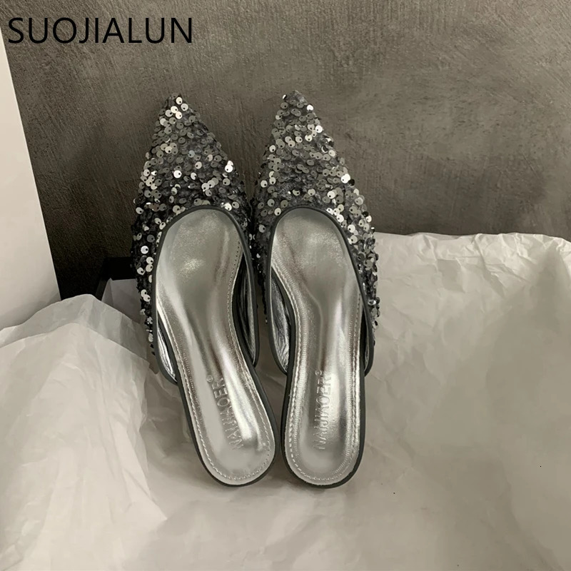 SUOJIALUN 2024 Spring Women Slipper Fashion Bling Shallow Slip On Mules Shoes Pointed Toe Flat Heel Outdoor Dress Sandal Sho 250107