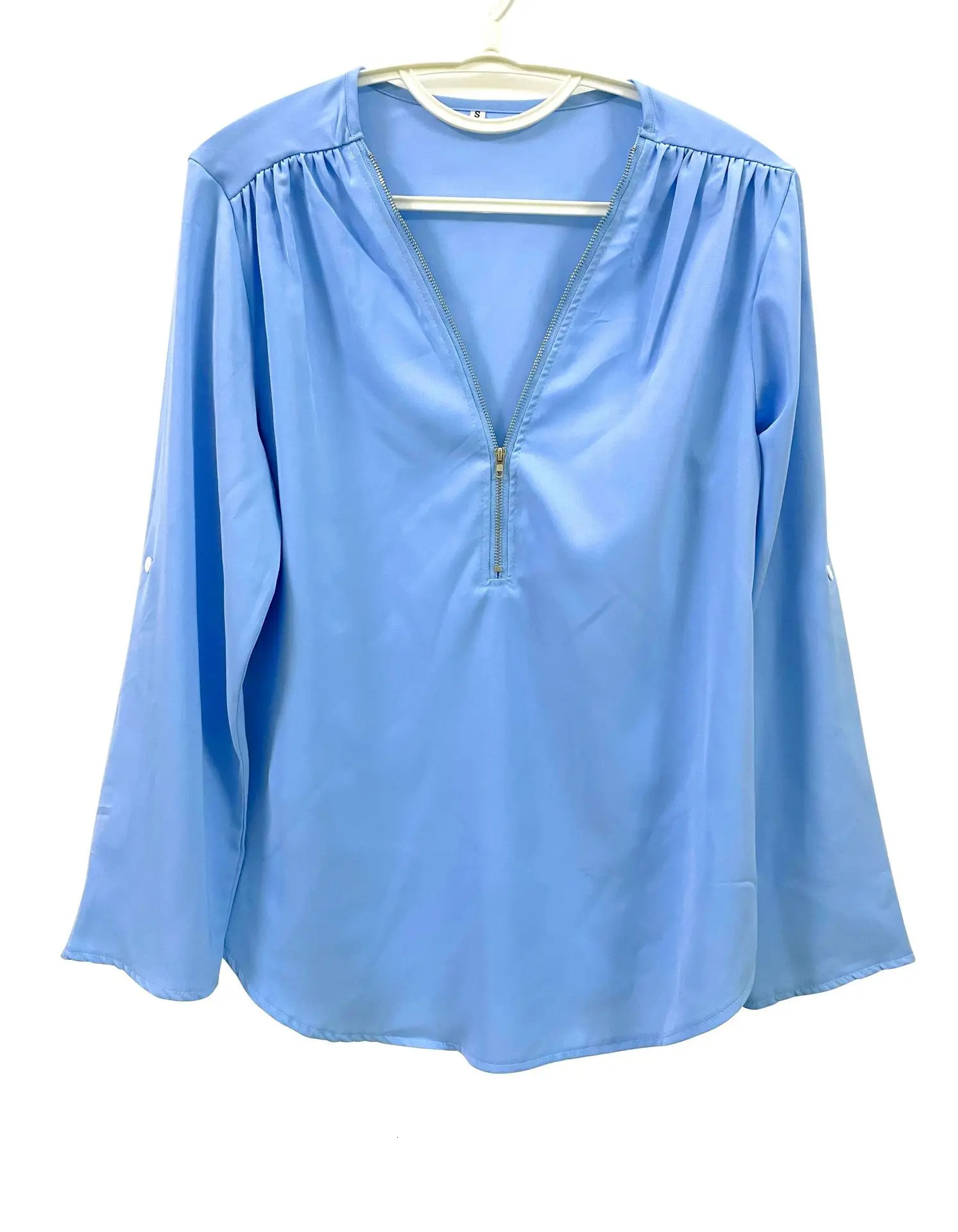 Summer Women Cool Loose Shirt Deep V Neck Chiffon Blouse Casual Ladies Tops Sexy Zipper Pullover Plus Size Long Sleeve Fashion 250107