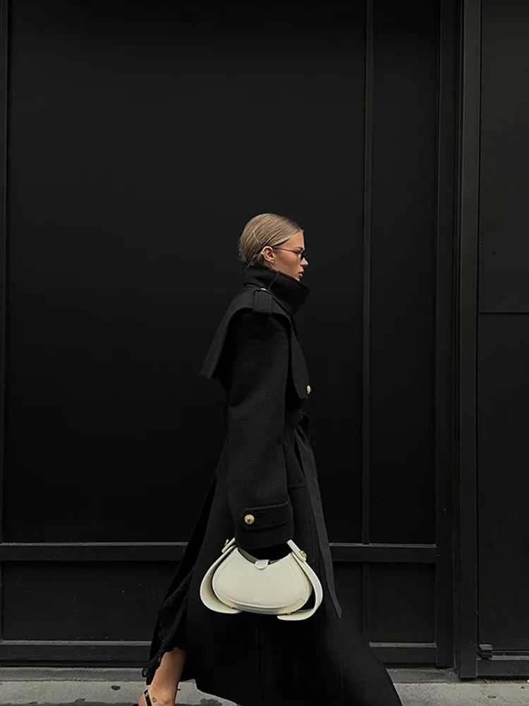 Black Wool Blends Overcoat With Belt Women Elegant High Collar Metal Buttons Patchwork Long Coats Autumn Winter Office Outwear 250107