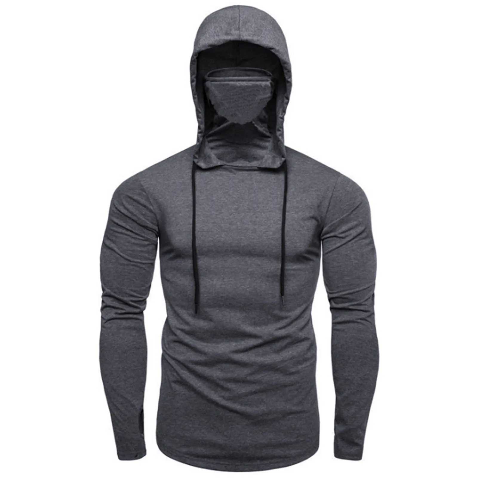 Mens hooded sweatshirt autumn casual gym thin long sleeved hooded sweatshirt face mask solid color sportswear mens clothing W250108