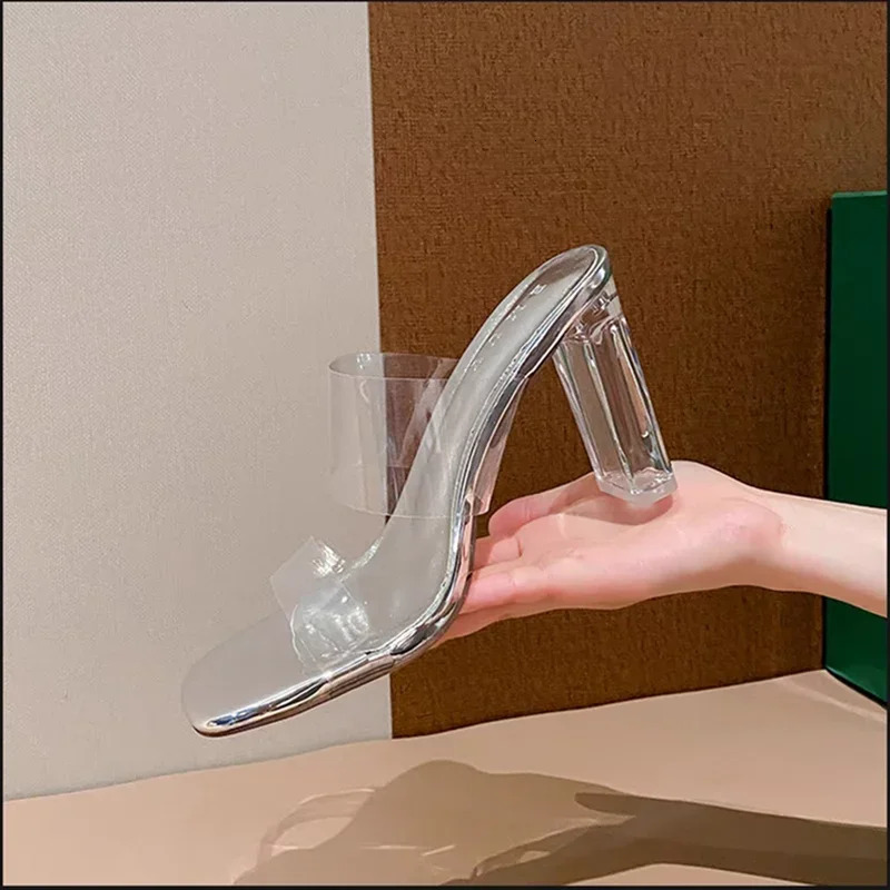 Heel Slippers Women Shoes Woman Pumps Solid Leather Transparent Silver Slip on Fishmouth High Heels Summer Women Slides 250107