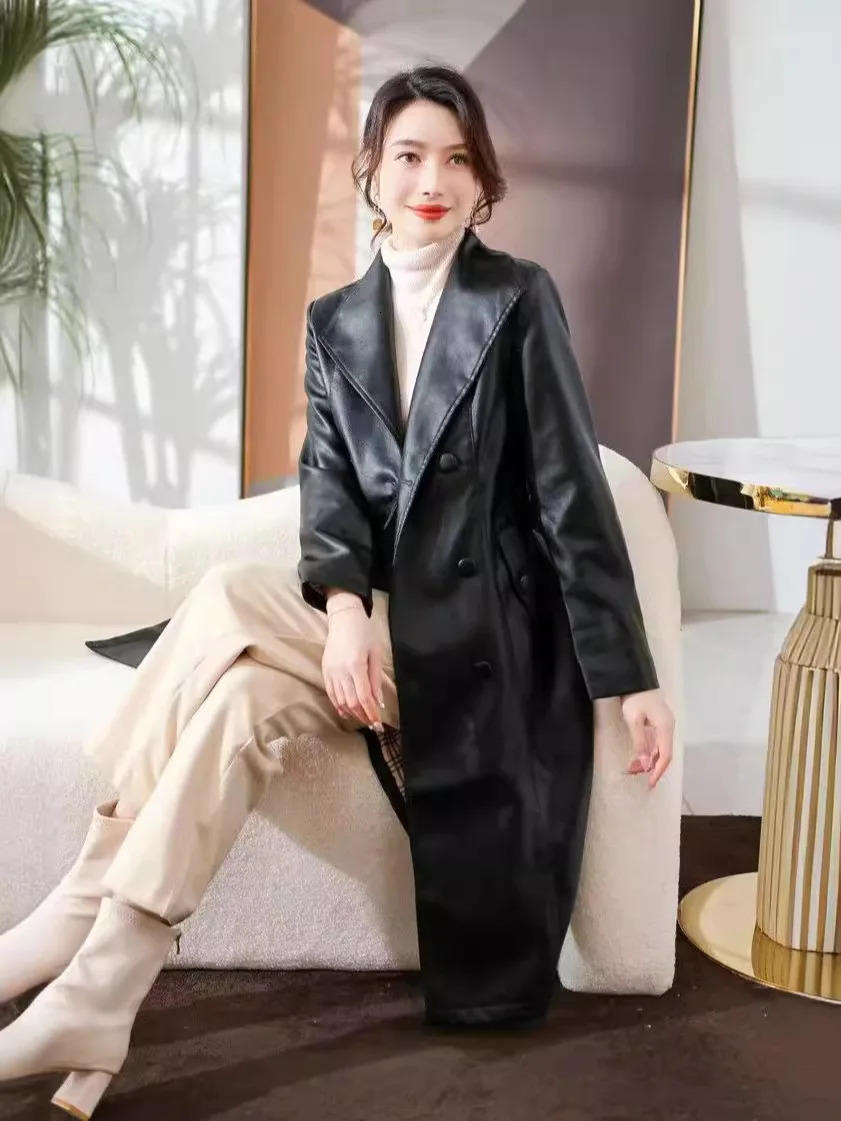 womens trench coat for autumnwinter 2024 in Haining China made of genuine leather long length knee over sheeps 250103