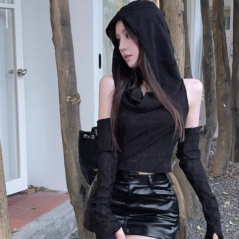 S166 Ripped vest wasteland style short sleeve top women's hooded T-shirt Korean version