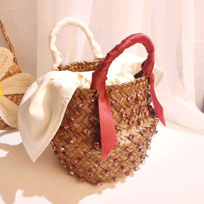 Handmade Embellished Straw Summer Holiday Beach With Pearl Ladies Woven Bucket Dia Bag Designer Hot Handbags