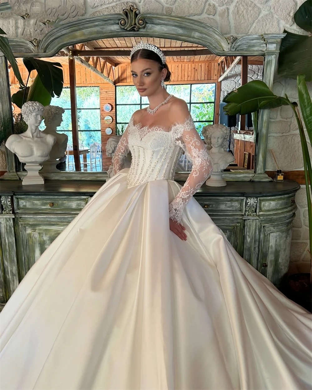 Elegant A-e Bridal Dress with Lace Appliques, Off-Shoulder Long Sleeves, Sweep Train, Customizable, 2024 Wedding Gown