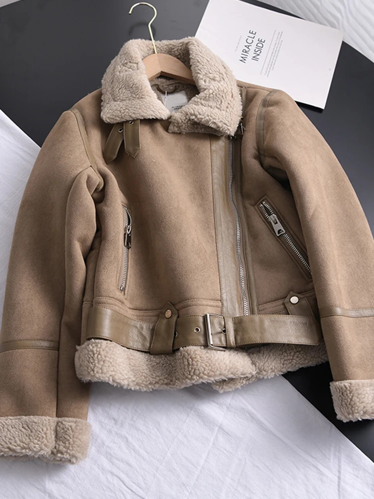 Ailegogo Winter Women Thick Warm Suede Lamb Jacket Short Motorcycle Brown Coats Faux Shearling Sheepskin Leather Jackets Outwear 250103