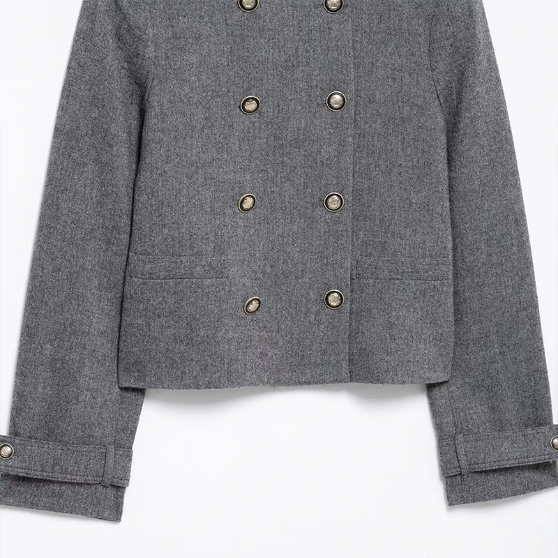 Willshela Women Fashion Grey Double Breasted Bomber Jackets Vintage ONeck Long Sleeves Female Chic Lady Outfits 250103