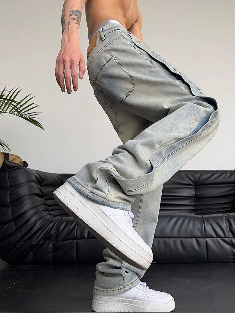 Jeans for Men Loose Light Blue Baggy Straight Man Cow Pants Punk Spliced Y2k Vintage Trousers 2024 Korean Autumn Trend Cotton 250107