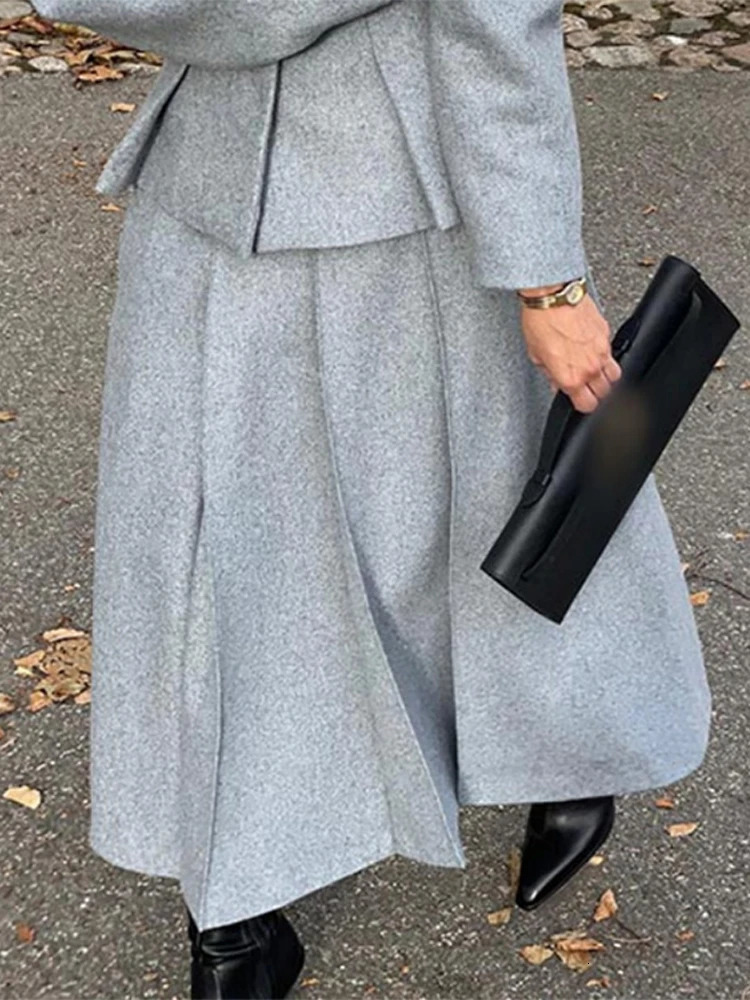 Street Woolen Coat Skirts Set Women Elegant Grey Lapel Hidden Buckle Blazers Pleated Skirt 2024 Autumn Winter Ladies Outfits 241225