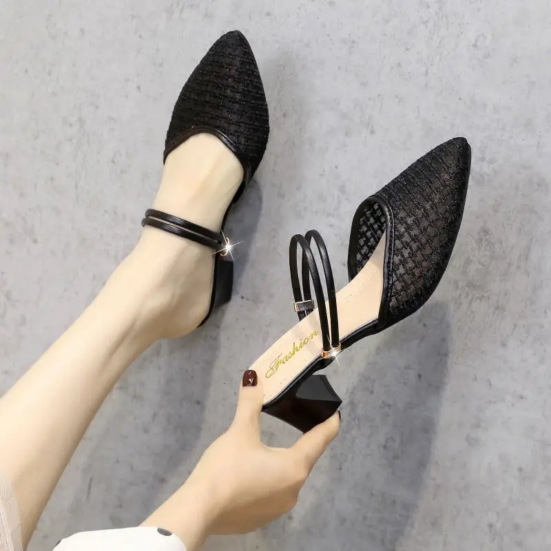 Summer Sexy Pointed Toe Sandals Thin Strap Mulles White Yellow Women Shoes Elegant Women Fashion Square Heels Slippers 250107