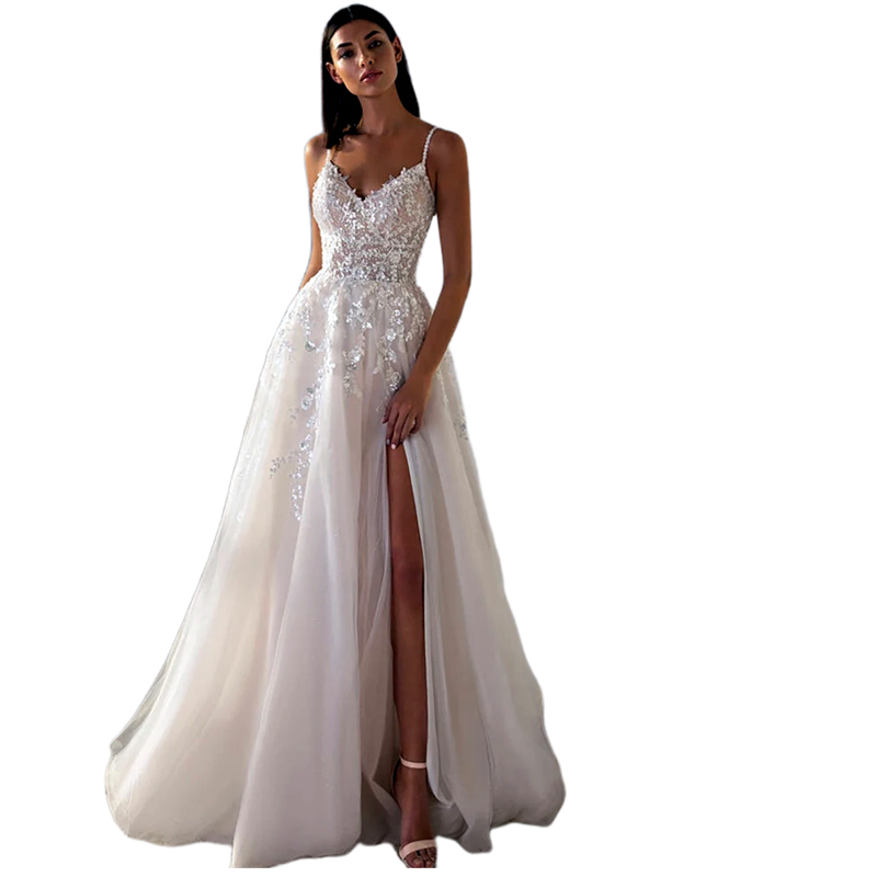 Spaghetti Straps Long Wedding Dresses Side Split Tulle A-Line Bridal Gowns Sequins Lace Appliques Sleeveless Summer Beach Bride Dress