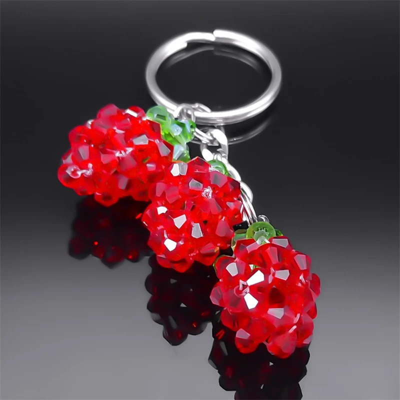 Red Strawberry Crystal Cute Fruit Keychain Stainless Steel Keyring Car Bag Pendant Accessories Friend Jewelry Gift KAAS04 250107