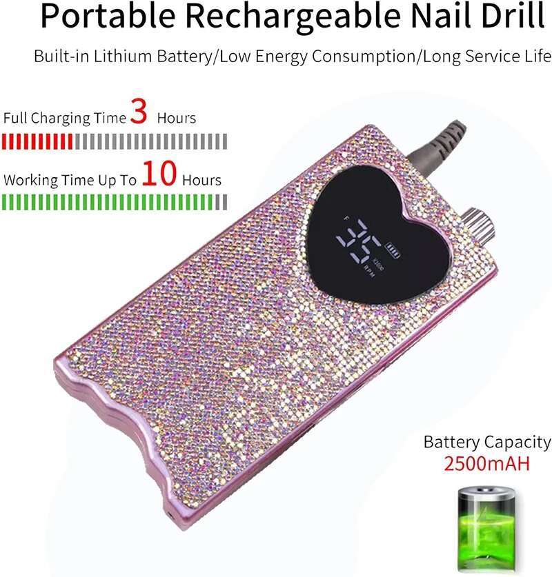 Torno Electrico para Unas Electric Nail Drill with Rhie unas recargable de 35000 RPM Heart Shape Wireless Pedicure Grinder