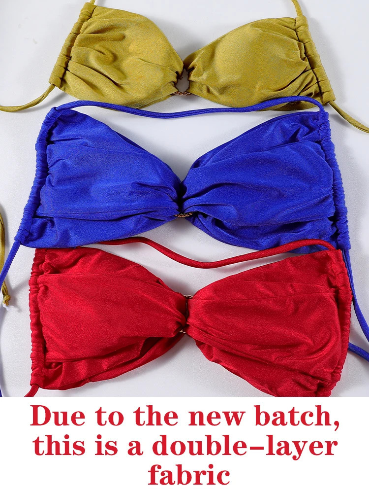 Rinabe Halter Swimwear Thongs Micro Bikini Pleated Swimsuit Bandage Bathing Suit Women Sexy Bikini Cut Out Beachwear Ring Bikini250107