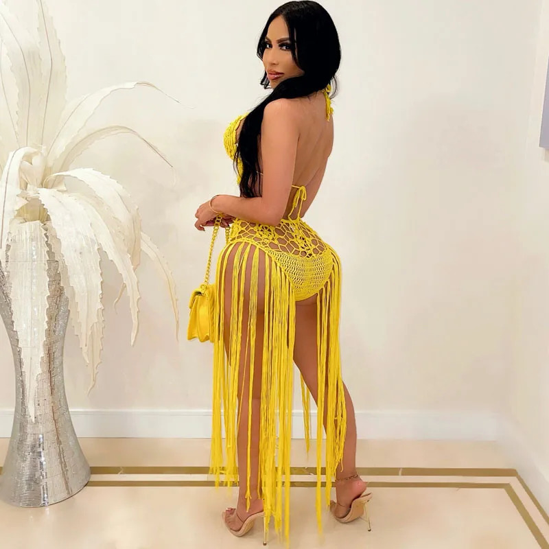 Knitted Bra Top Bikini Set Womens Swimsuit Handemade Crochet Bikini Cover Up Tassel Beach Long Wrap Skirt Holiday Beach Outfit 250108