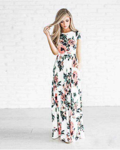 European And American Summer Round Neck Ral Pattern Dress With Long Sleeves