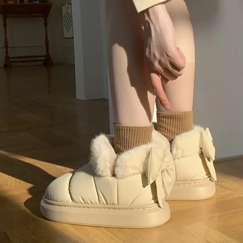 Cute Warm Ankle Boots Winter Womens Bow Warmth Plush Bow Cotton Shoes 2024 Waterproof Down Cloth Short Barrel Snow Boots 250106