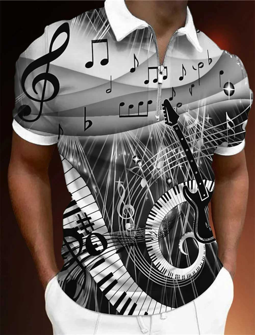 Design Polo Shirt Music Notes Light Prints Mens Tops Golf Graphic Short Sleeves Zipper Polo Shirt Fashion Casual Men ClothingXJ250108